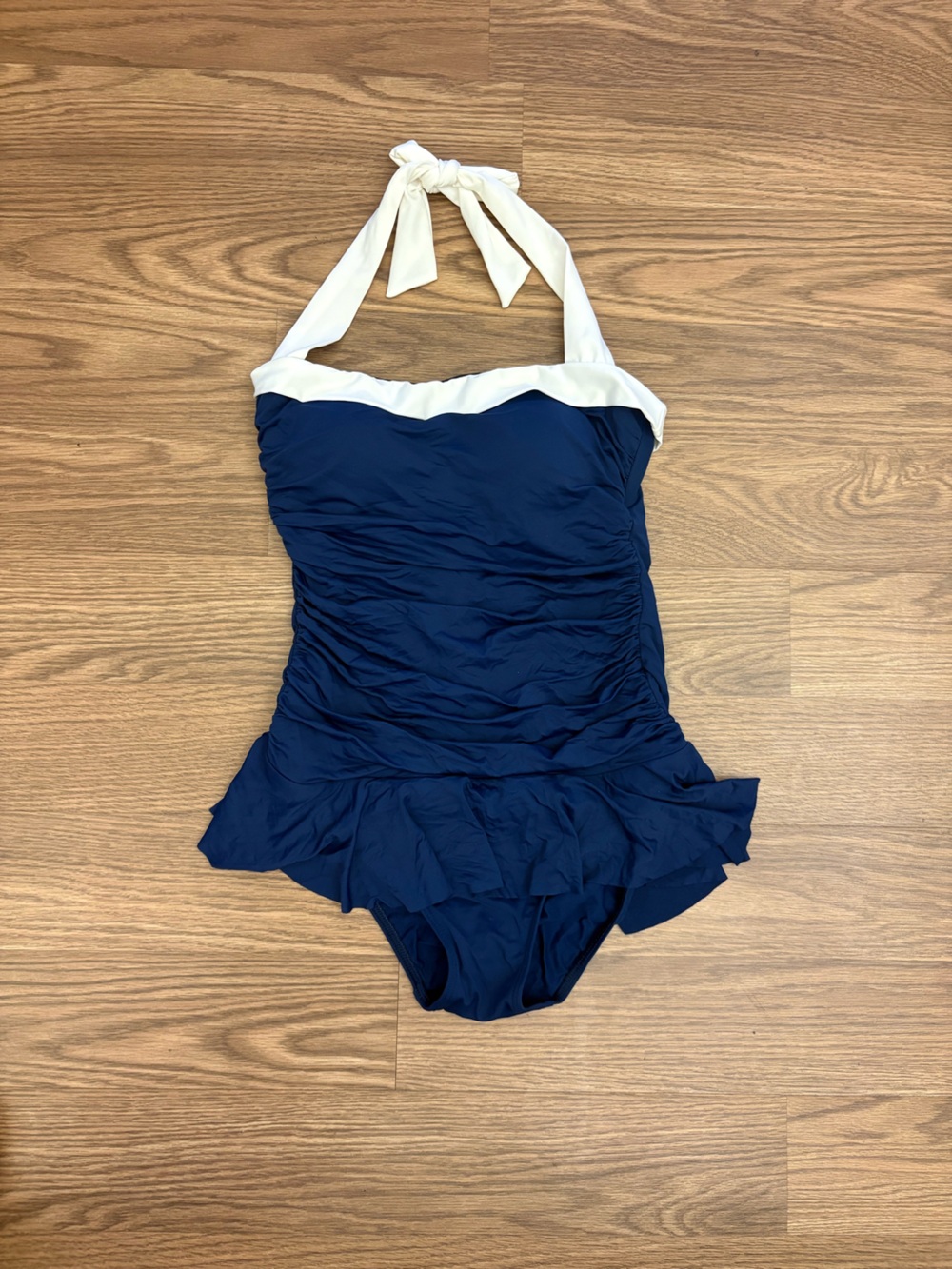Ralph Lauren Navy and White Halter Ruffle One-Piece Swimsuit